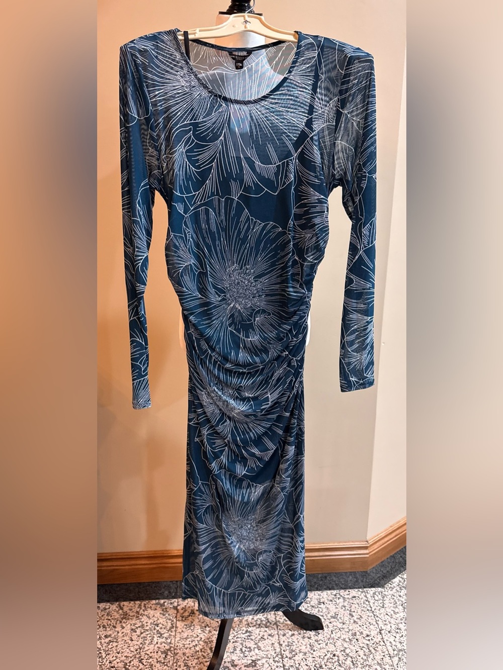 ***NWT*** Guess | Teal Blue | Floral | Long-Sleeve | Midi | Dress | XL